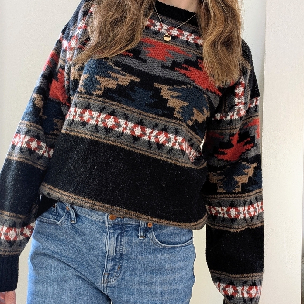 Vintage Southwestern Abstract Geometric Patterned Crewneck Sweater In Black/Red - Picture 2 of 7